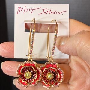 Betsey Johnson Red and Gold Floral Dangle Earrings with Rhinestone Accents